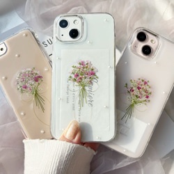 ピンクかすみ草 リボン ブーケ 押し花スマホケース 【ハイブリッド
