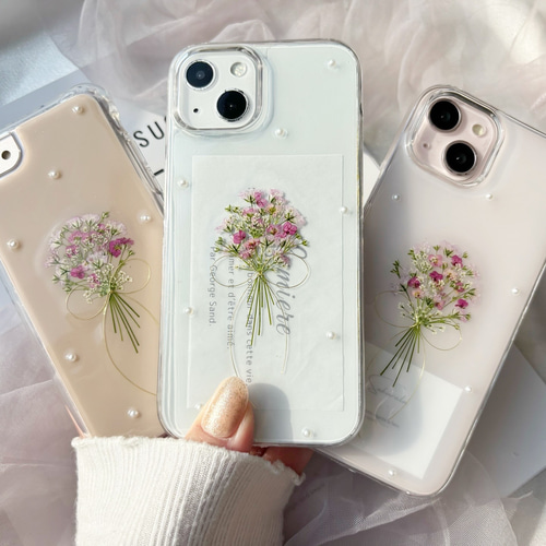 ピンクかすみ草 リボン ブーケ 押し花スマホケース 【ハイブリッド