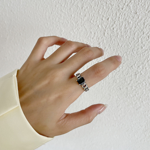 925銀|天然黒曜石|職人手工製！鎖型デザインリング|オープンタイプで指