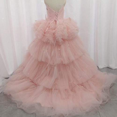 韓国風もこもこチュールドレス くすみピンクカラードレス リボン お