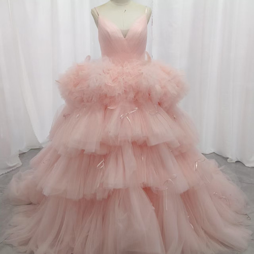 韓国風もこもこチュールドレス くすみピンクカラードレス リボン お