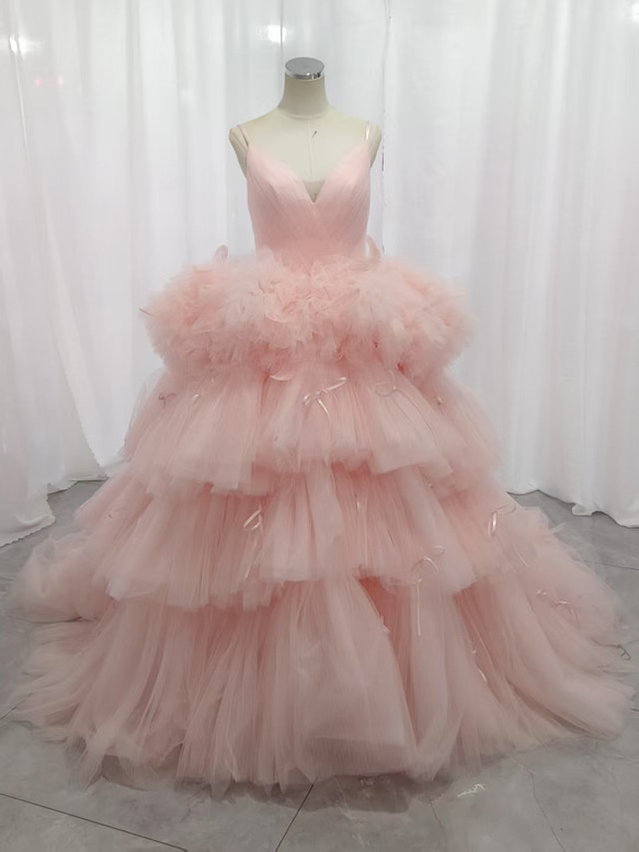 韓国風もこもこチュールドレス くすみピンクカラードレス リボン お