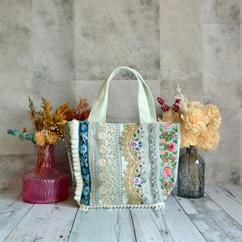 美しいインド刺繍リボントートバッグ④【Sサイズ】 トートバッグ muika