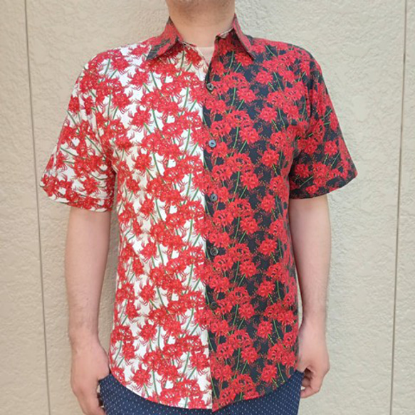 半袖和柄シャツ（彼岸花）白×黒 1枚目の画像