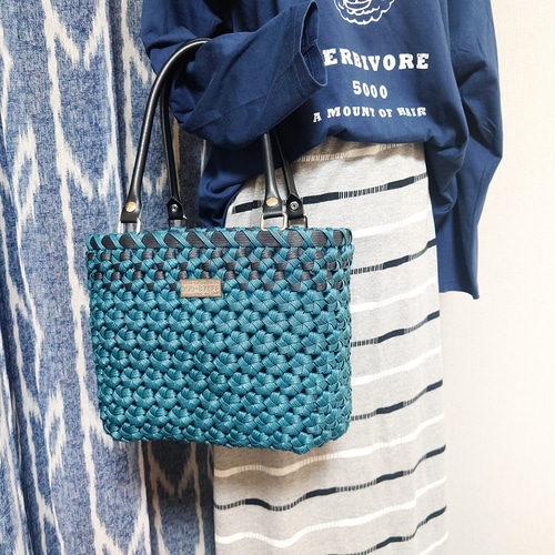 クラフトバンド＊かごバッグL/花結び✤プルシャンブルー かごバッグ