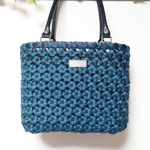 クラフトバンド＊かごバッグL/花結び✤プルシャンブルー かごバッグ