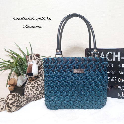 クラフトバンド＊かごバッグL/花結び✤プルシャンブルー かごバッグ