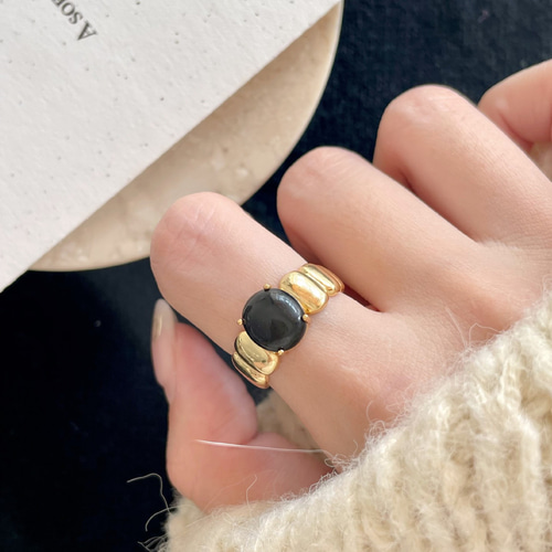 925 純銀 × 天然黒曜石】職人手工製|波紋ブロックリング|2 カラー