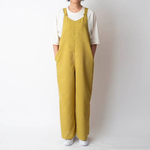 ゆったり【大人のサロペットパンツ】マスタードイエロー シワに