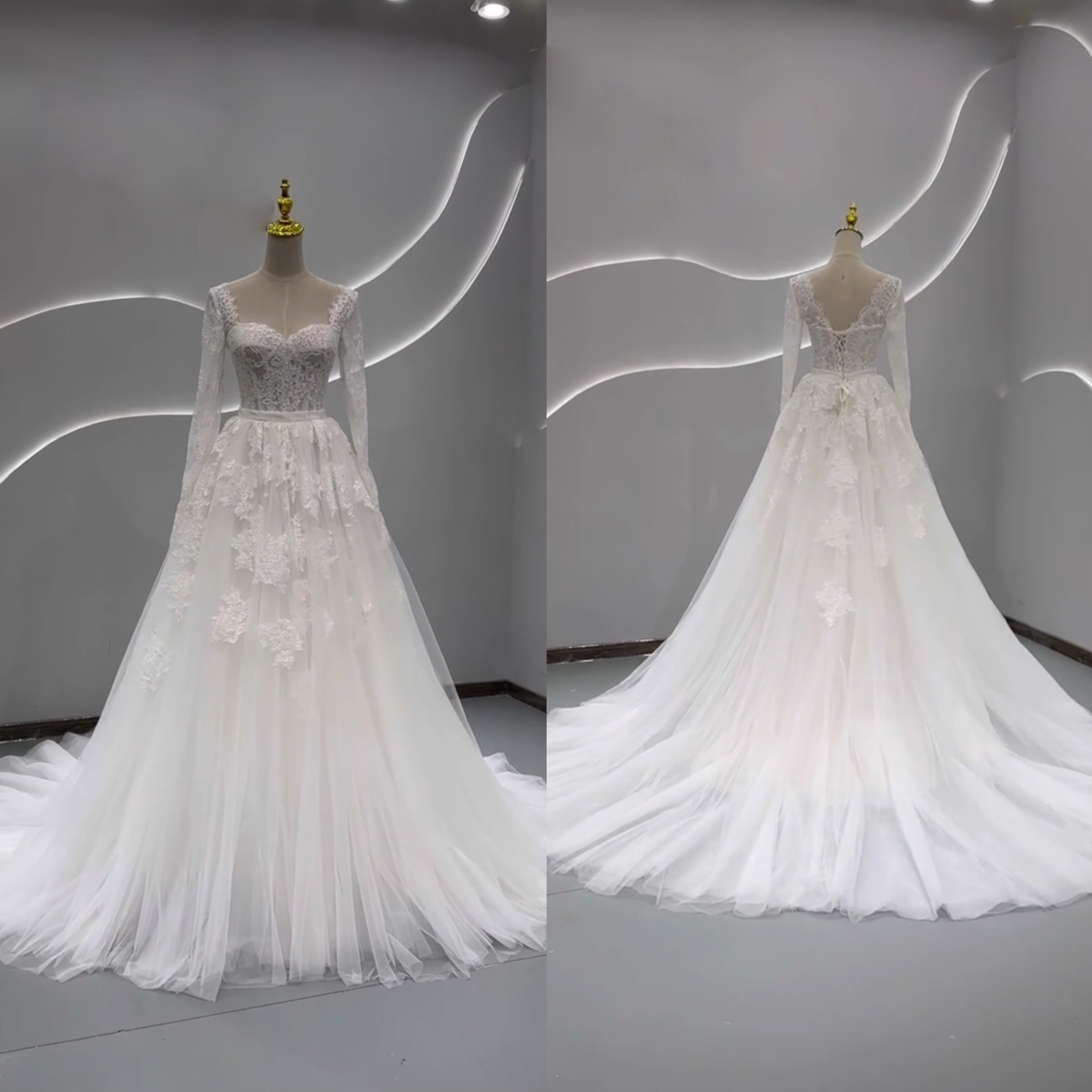 二次会ドレス　スクエアネック　短いトレーン　ホワイト　ふんわりチュール　長袖　エレガントなレースAライン　細見えシルエッ