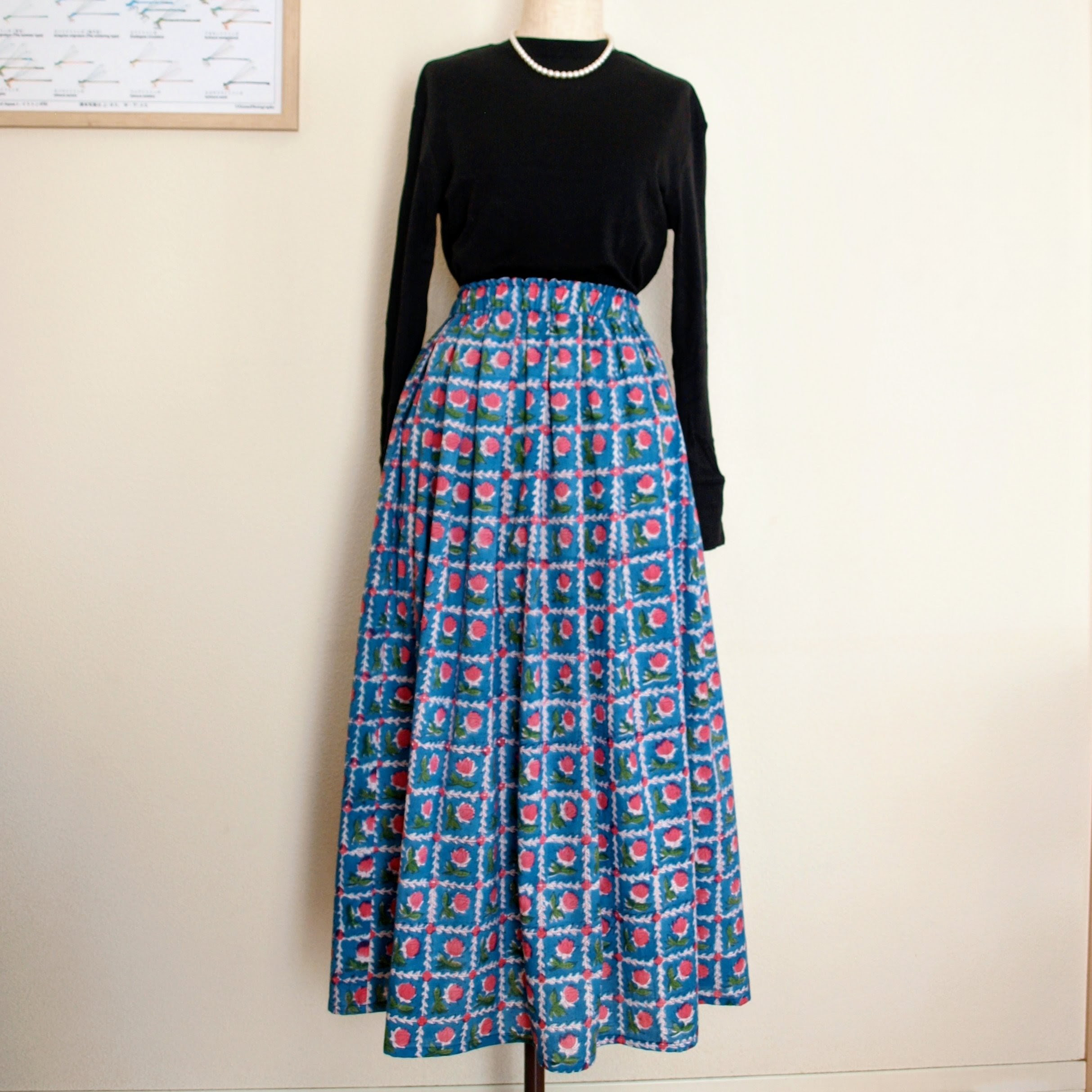 インド綿　ブロックプリント 　サイドボタン 　スリット　ギャザースカート  　フリーサイズ