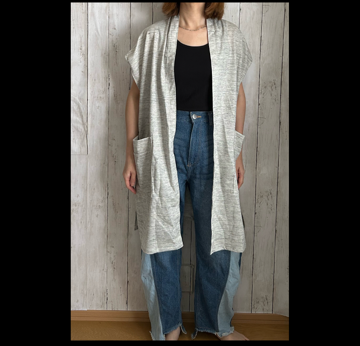 リネン混薄グレー杢ネップ入りニットローブジレカーディガン