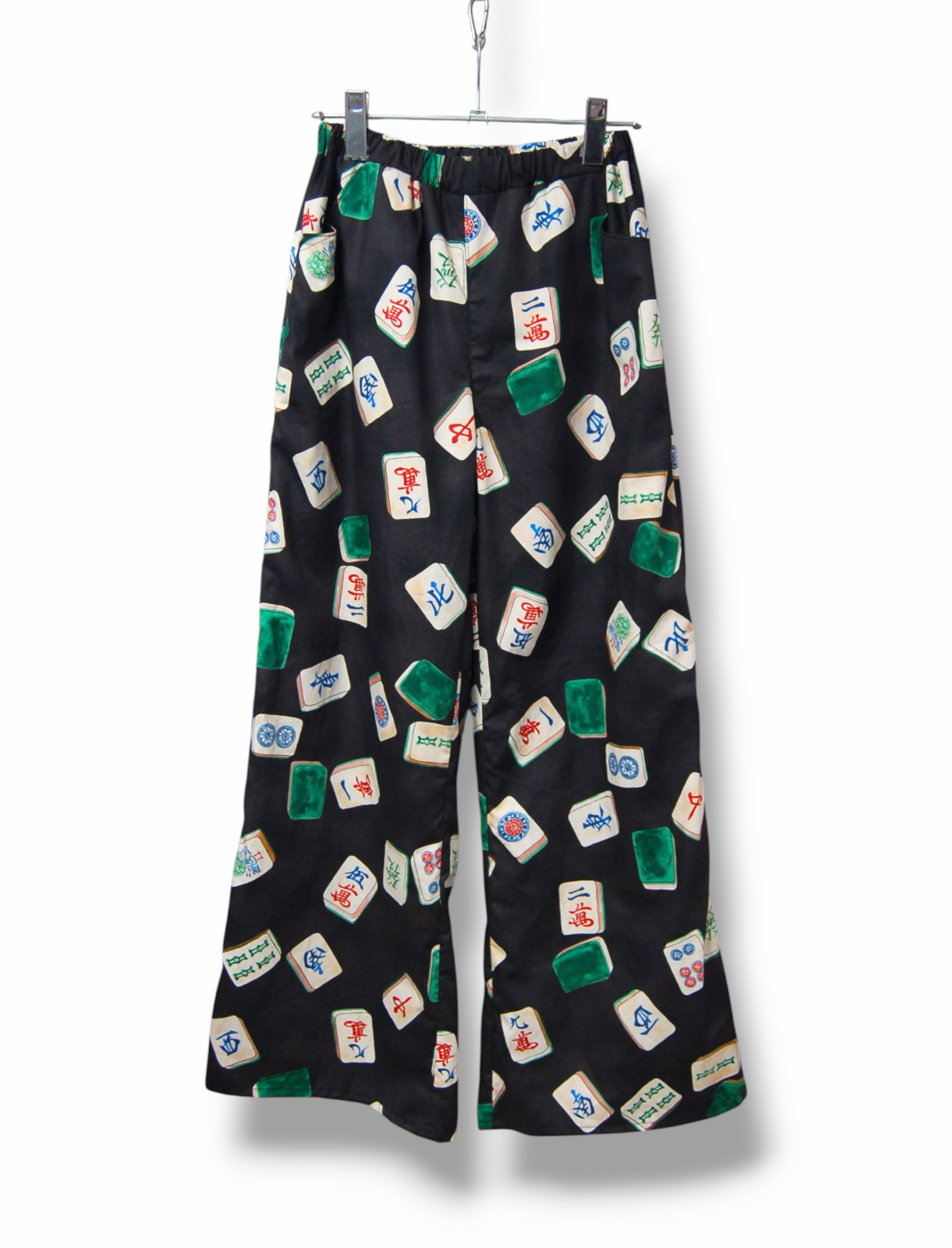 麻雀デザイン　裏地付きコットンワイドパンツ:ブラック