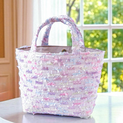 【専用品】尾州キラキラリボンツイードトートバッグ　さくらピンク マチ広めトートバッグ 桜色 ピンク ツイード プレゼント ご褒美