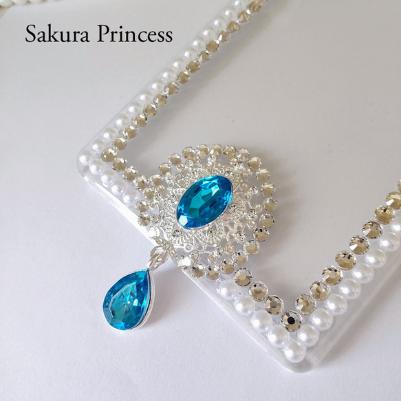 【推し活に♡】大人プリンセス☆キラキラ揺れるビジュー×パールのデコレーショントレカケース／アクアマリン2 2枚目の画像