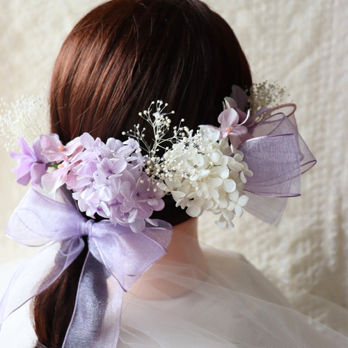 パープルののオーガンジーリボンとお花の髪飾り 紫 白 成人式用髪飾り