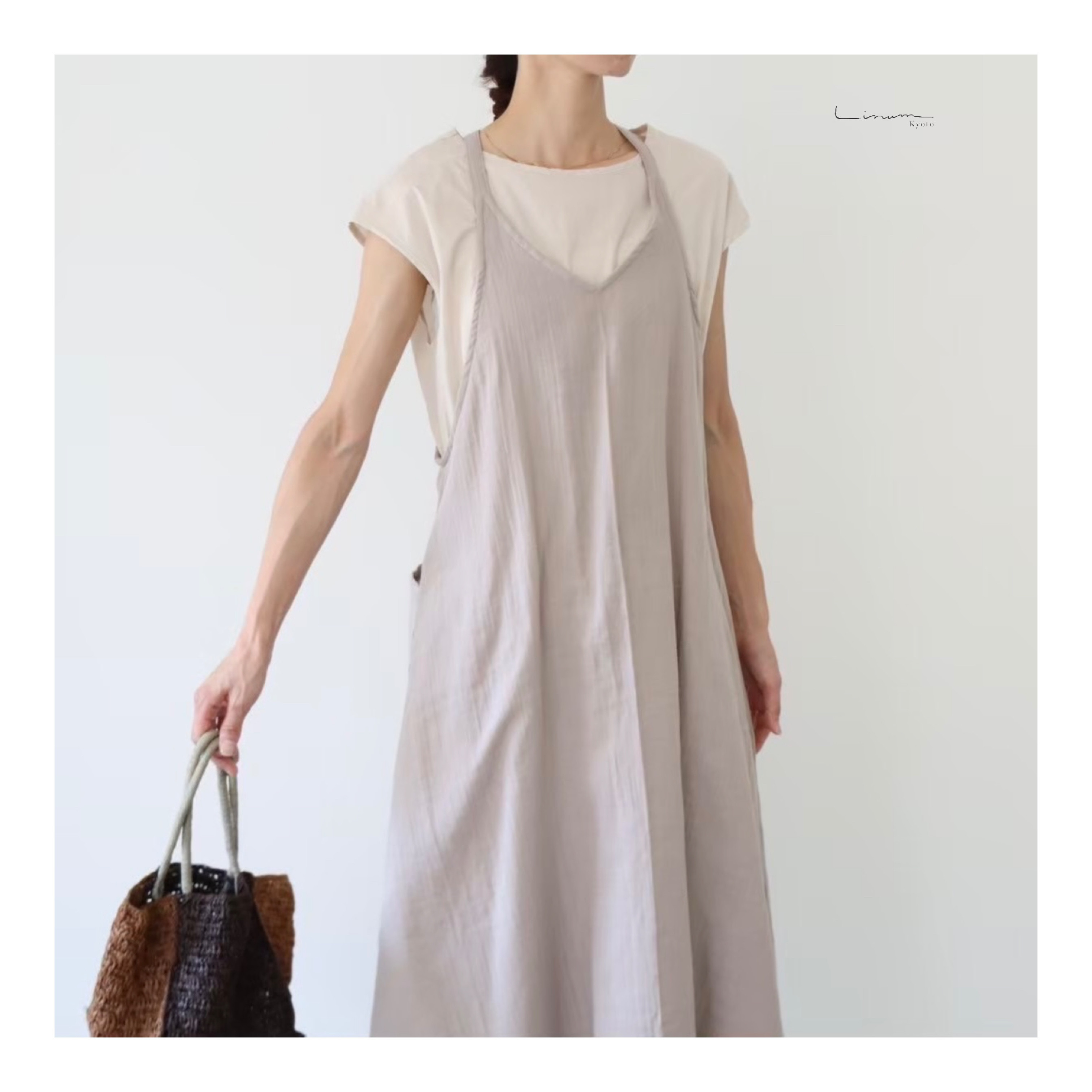 【全２２色】ふっくら厚み2倍のとろみダブルガーゼの 美シルエットAラインエプロンドレス／ダブルガーゼエプロンワンピース