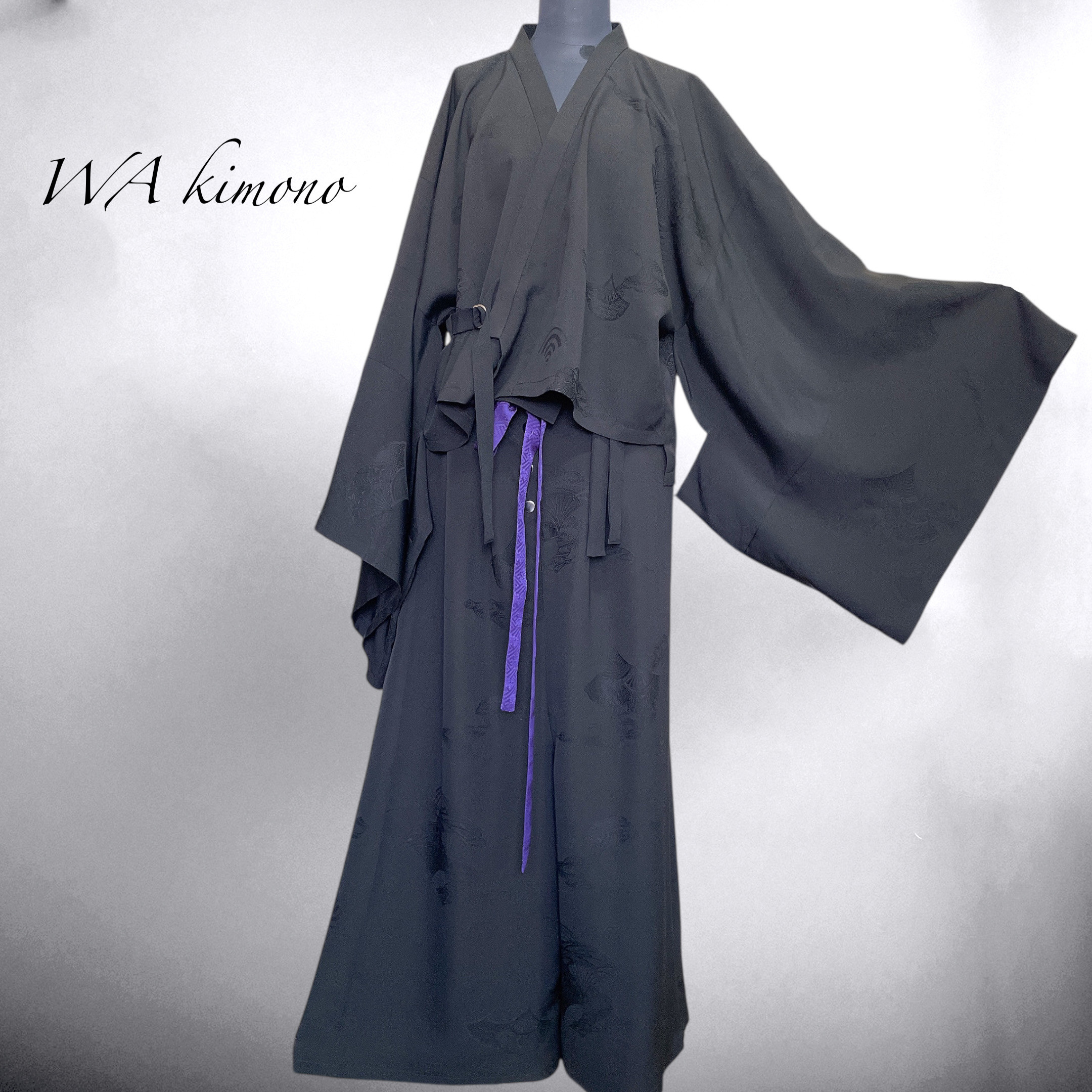 メンズ ブラック作務衣 セットアップ 高級反物仕立て 袴パンツ 着物シャツ ワイドパンツ 着物リメイク Y70604