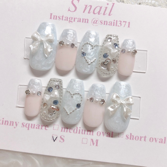 【着画あり】ハンドメイド　ネイルチップオーダー　リボン　可愛い　韓国ネイル　水色 No.63】水色ワンホン♡ネイルチップ リボン フレンチ ガーリー