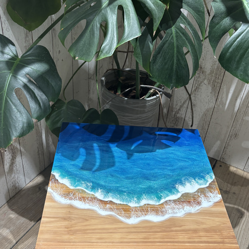 【美品】サイドテーブル　海　オーシャン　ビーチ　ターコイズブルー　レジンアート レジンアート サイドテーブル 海 テーブル インテリア