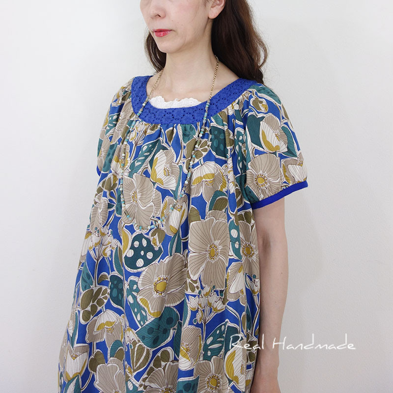 [予約販売] ブルームブーケ・レースヨークの綿麻パフスリーブワンピース