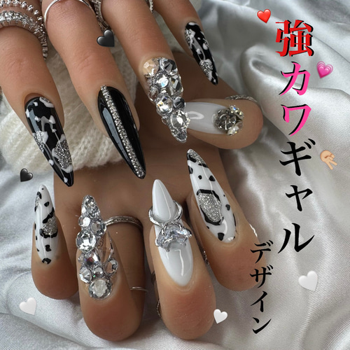 黒 白 ヒョウ柄 レオパード ギャル ネイルチップ ネイルチップ（つけ爪