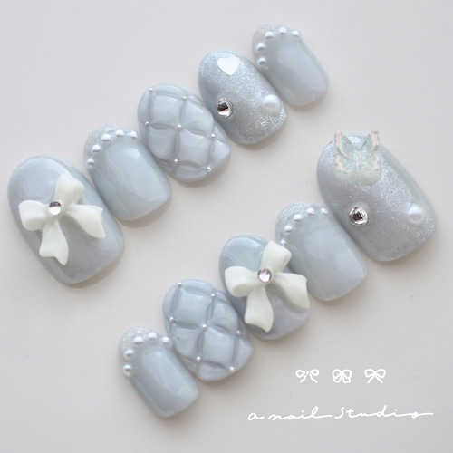 ネイルチップ オーダー クロスフレンチ ブルー 韓国 ガーリー