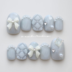 ネイルチップ オーダー クロスフレンチ ブルー 韓国 ガーリー キルティング キルティングネイル フレンチ ガーリー ブルー 青 フレンチガーリー