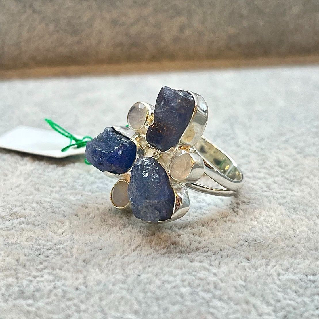 シルバーリング タンザナイト 原石 16号 ムーンストーン 天然石 指輪 シルバー925 ハンドメイド 一点もの