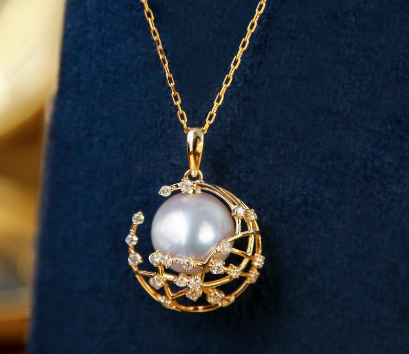 【La Corser】スタームーンデザイン 8.5-9.5mm アコヤ天然海真珠ペンダントネックレス 18Kゴールド ダイヤモン