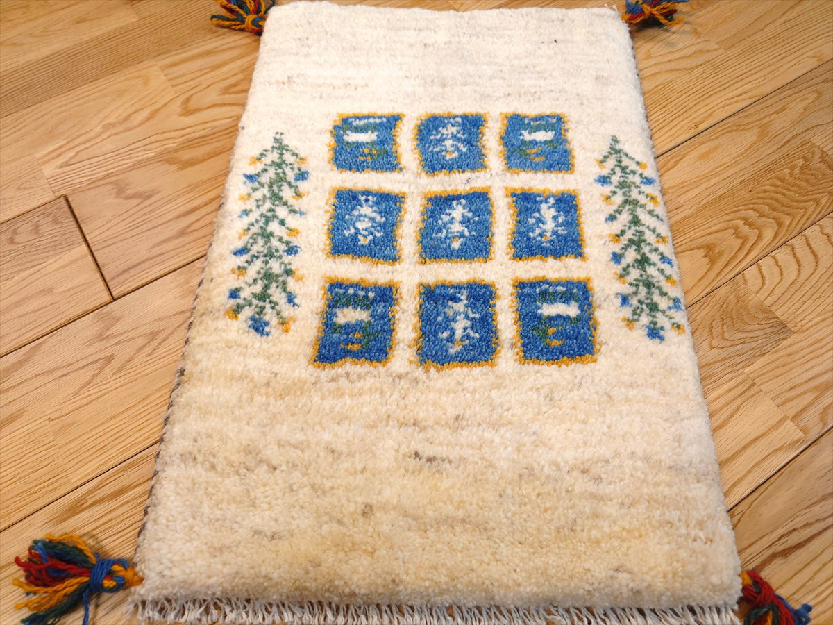 ペルシャ　ギャッベ　玄関マット小　56.5x38.5cm　ベージュ　アイボリー ブルー　パネル　NN19285
