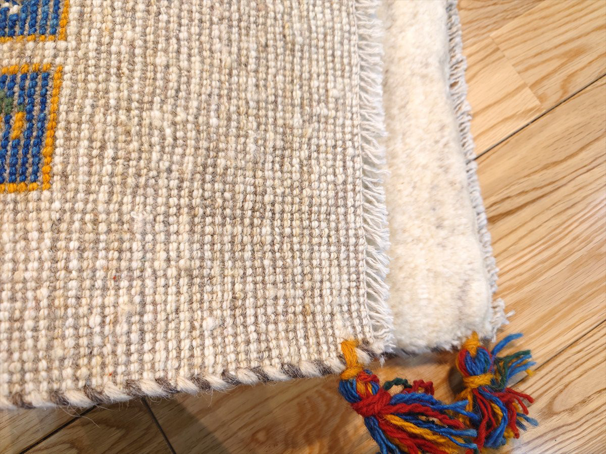 ペルシャ　ギャッベ　玄関マット小　56.5x38.5cm　ベージュ　アイボリー ブルー　パネル　NN19285