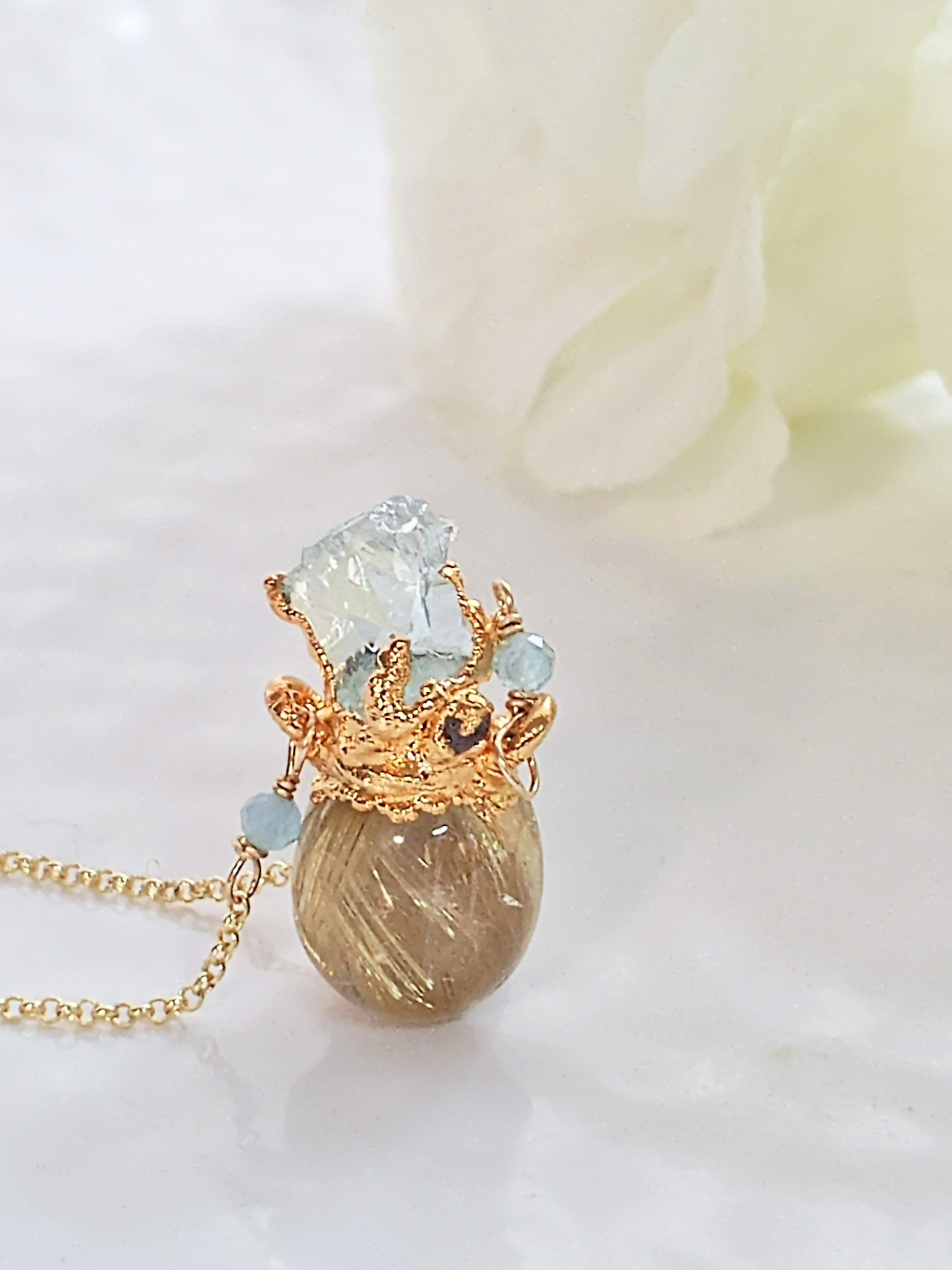 ハリ水晶とアクアマリン原石 ネックレス