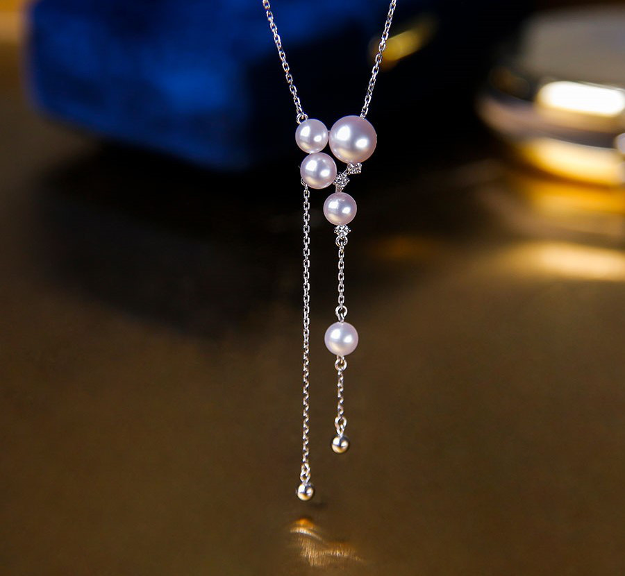 【La Corser】4-7mm アコヤ海水真珠ペンダントネックレス 18Kホワイトゴールド ダイヤモンド ギャラクシーリバース