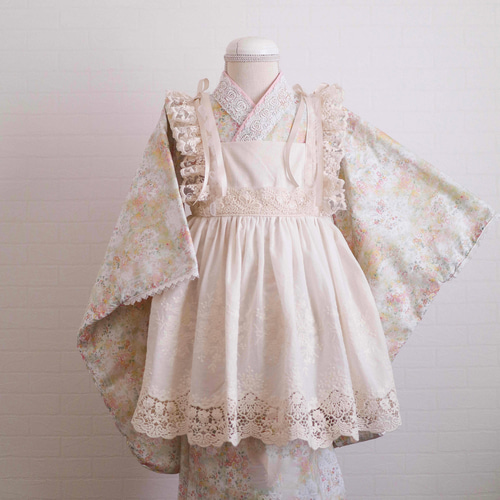 襟レースプレゼント】刺繍きなり着物＆Ribbonエプロン被布セット 子供