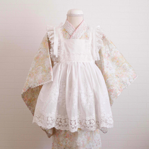 襟レースプレゼント】刺繍きなり着物＆Ribbonエプロン被布セット《受注