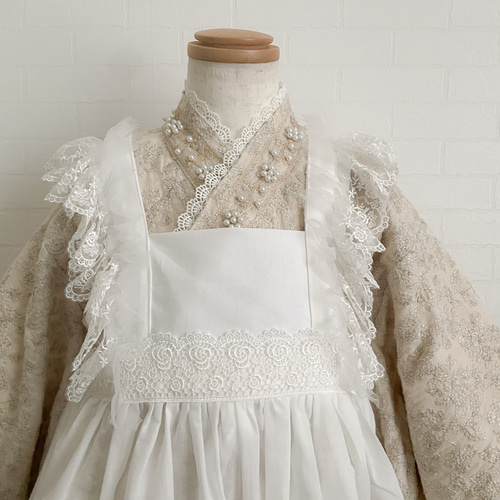 襟レースプレゼント】刺繍きなり着物＆Ribbonエプロン被布セット 子供