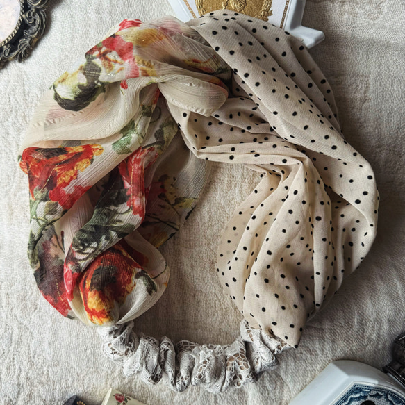 【10/23再販】「エアリードットと大胆水彩フラワーのヘアバンド。」 ヘアアクセサリー ヘアーバンド 秋 3枚目の画像