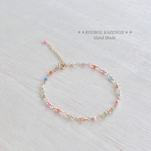 高品質◇小さな天然石14kgfビーズチェーンブレスレット◇マルチカラー