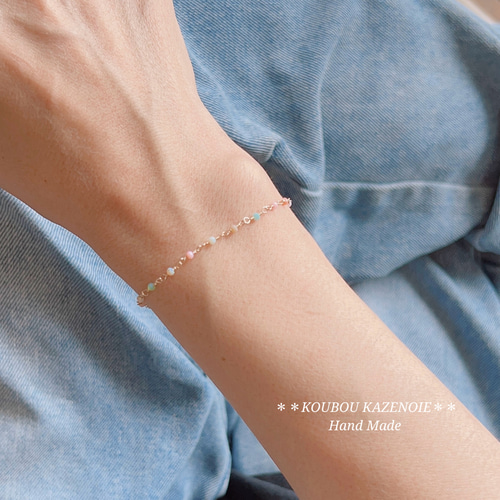 高品質◇小さな天然石14kgfビーズチェーンブレスレット◇マルチカラー