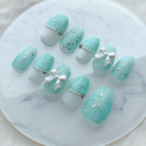 シアーミントグリーンネイル / バカラネイル /リボンネイル ＊ネイル