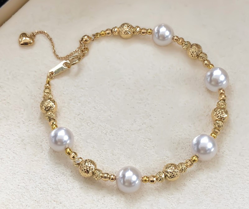 【La Corser】スターリーシリーズ 7-9mm アコヤ海水真珠ブレスレット 18Kゴールドロックビーズ 星空 調節可能デザ