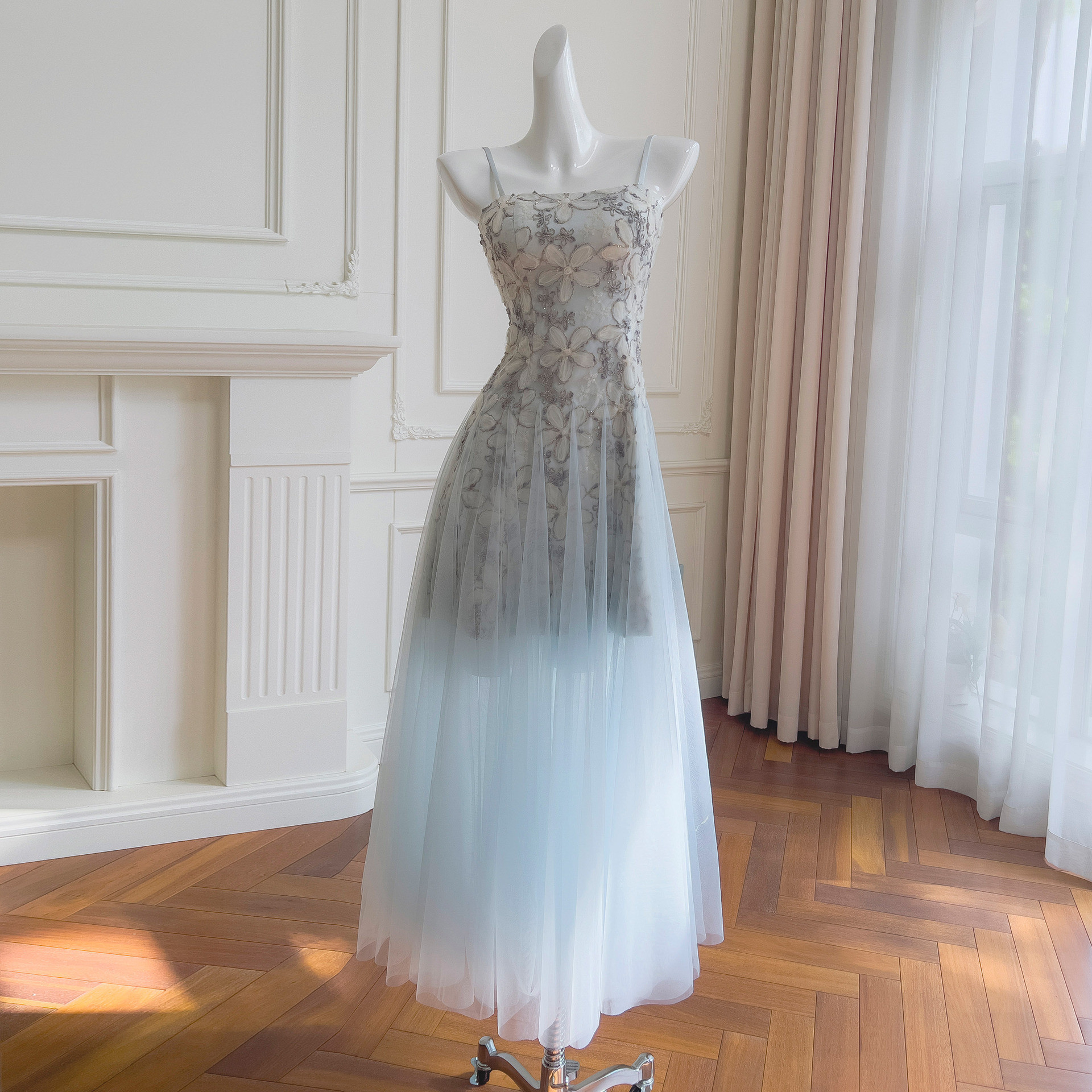 ドレス パーティー ウェディングドレス ワンピース ロング プリンセス 花 青 優雅 上品 韓国風 結婚式 お呼ばれ