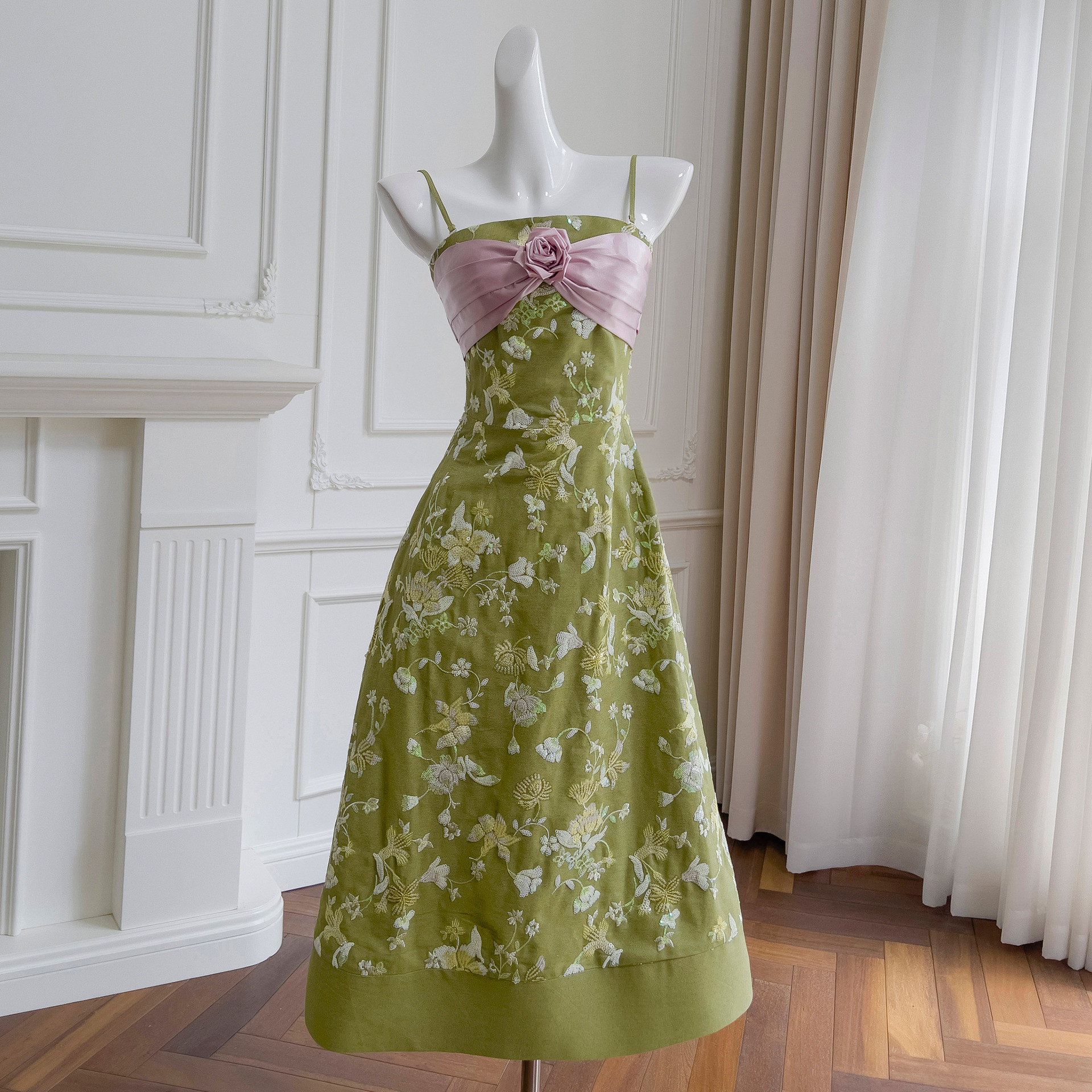 ドレス パーティー ウェディングドレス ワンピース ロング プリンセス 緑 スパンコール 上品 韓国風 結婚式 お呼ばれ