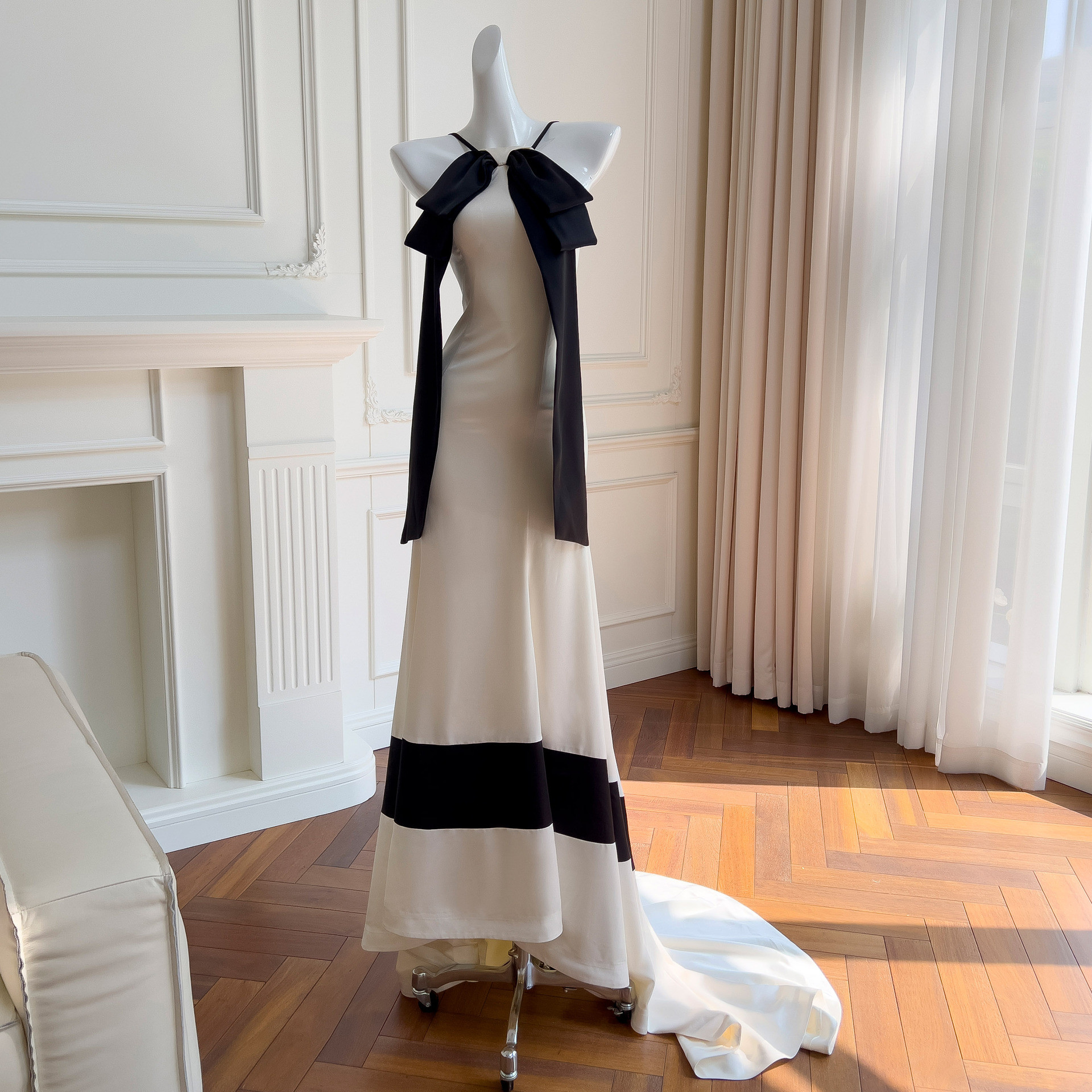 ドレス パーティー ウェディングドレス ワンピース ロング プリンセス クリーム リボン 上品 韓国風 結婚式 お呼ばれ