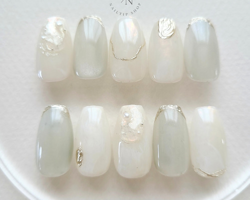 ネイルチップ　オーダー　結婚式　前撮り　花嫁　透明感　乳白　ニュアンス　ゴールド ネイルチップ ニュアンスネイル ブライダル 結婚式 花嫁 パール 前撮り
