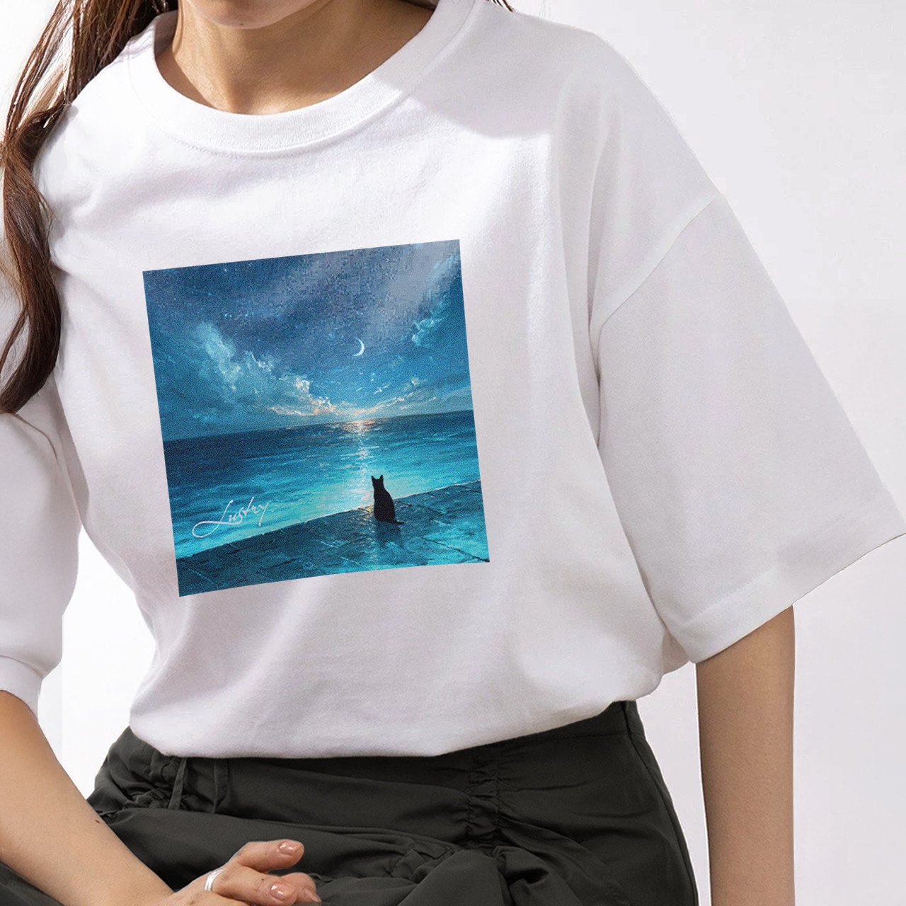 【4色展開 】抜け感がポイントの上質なコットン  ”ビッグシルエットTシャツ”　　宵の海、星のはじまり  ねこ　海