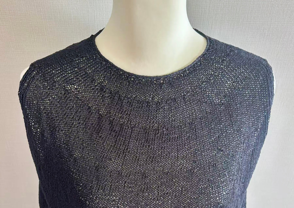 手編み ネコ柄 Aラインシルエット 夏にピッタリ(ネコ顔) 2枚目の画像