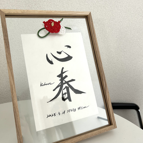 書家が書く額入り命名書（A4サイズ） ー紅白椿モチーフー 雑貨