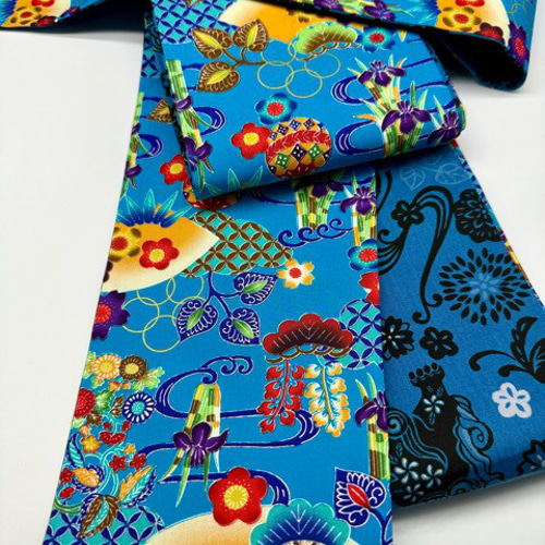 【目玉商品】4295木綿半幅帯　シーサー柄 　青色系 豪華帯留め・根付・帯締め 目玉商品】4295木綿半幅帯 シーサー柄 青色系 豪華帯留め・根付